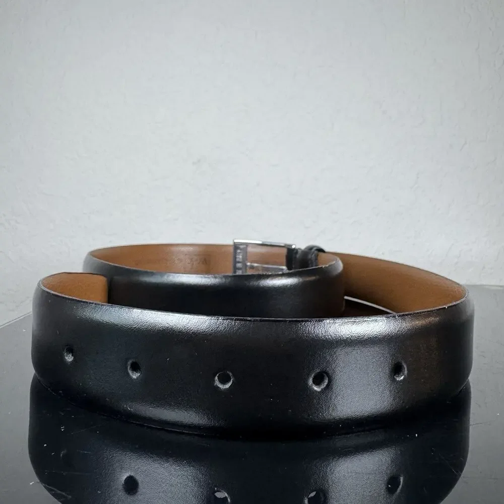 W. Kleinberg Mens Leather Dress Belt Sz 34 Silver Logo Buckle Black Office USA
